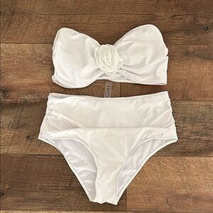 White Bandeau Two-Piece High-Waisted Bikini with Floral Accent, Medium